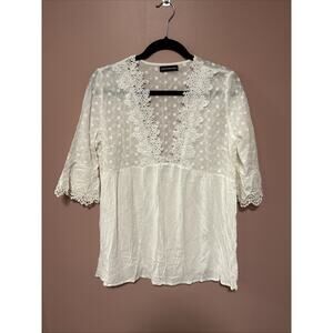 Maison Mascallier White Floral Lace Eyelet Babydoll Tunic Shirt Bell Sleeve L